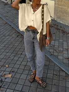 FOR BEAUTY V领纽扣短袖宽松针织开衫，女士休闲度假装，露肩毛衣，新年夏季必备单品 - 淺駝色 - 查看 6