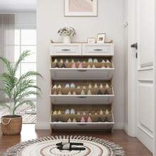Shoe Cabinet With Rotating Shoe Rack, Consisting Of Three Large Doors And Two Drawers, Wooden Shoe Cabinet, Shoe Rack, Suitable For Entrance Areas And Living Rooms, W80/D23.5/H131cm (N657P28633233N) - Natural Color - View 6