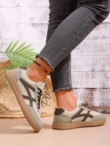 女士休闲系带平底运动鞋，米色和棕色拼接，复古时尚户外运动跑步鞋，春夏秋季