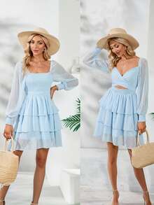 Vestidos Casuales de Manga Larga con Mangas de Rejilla para Mujer, Casual y Elegante Reversible - Azul - Ver 1