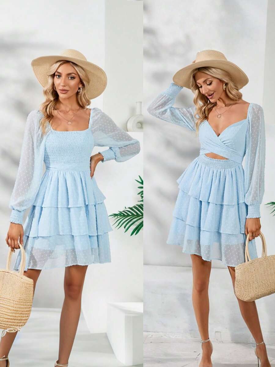 Vestidos Casuales de Manga Larga con Mangas de Rejilla para Mujer, Casual y Elegante Reversible - Azul - Ver 1