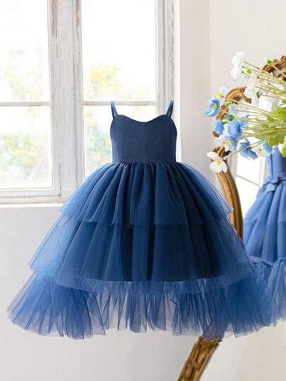Young Girls' Denim Contrast Mesh Elegant Birthday Party Trailing Princess Dress, Suitable For Formal Dinner, School Dance, Outing, Does Not Include Headband