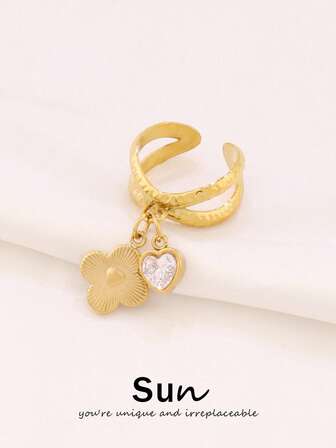 1 st rostfritt stål fyrklöver hänge öppna ringar mode guldfärg blomma zirkonia hjärtberlocker rund ring för kvinnor smycken gåva