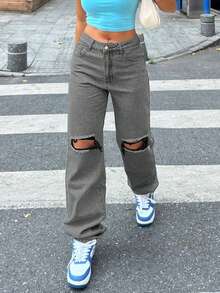 Street Style Y2k New Hot Selling Loose Casual All-Match Slimming Knee Hole Slim Straight Tapered Jeans Mom Denim Pants - Light Grey - View 4