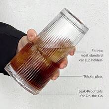 20oz Vertical Stripes Glass Coffee Cups With Lid & Straw Set Of 4 Premium Thickened Glass For Iced Coffees Cocktails Juices Family Use & Parties Leak Proof Tumblers Drinkware Stylish - 2Pack - View 6