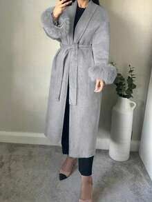 女士新款优雅系带仿毛皮袖外套，高档羊毛质感面料，系带长款大衣，修身显瘦，和服式设计，秋冬款 - 淺灰色 - 查看 9