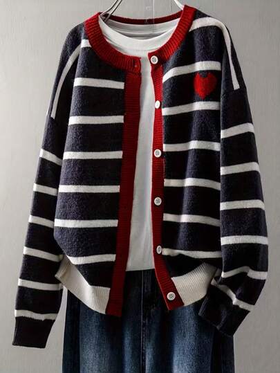 Women's Heart Striped Knit Cardigan, Soft & Comfortable, Open Front Design, Contrast Trim, Loose Fit, Suitable For Valentine's Day, New Year's Romantic Dates And Casual Wear At Home