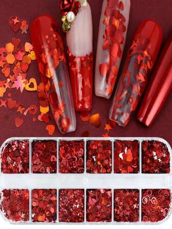 12格盒装全息亮片，情人节美甲亮片系列，心形、蝴蝶、星星亮片等等