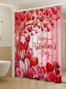1/4pcs Valentine's Day Decor Shower Curtain Set, Heart & Rose Floral Romantic Red & Pink Washable Bathroom Curtain, Bathroom Gift With 12 Hooks Non-Slip U-Shaped Toilet Seat Cover And Bath Mat - Multicolor - View 17