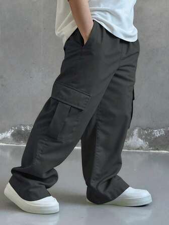 1件装 男童时尚百搭休闲舒适街头风通勤上学假期日常耐穿防污柔软多口袋直筒工装裤，春夏秋冬皆宜