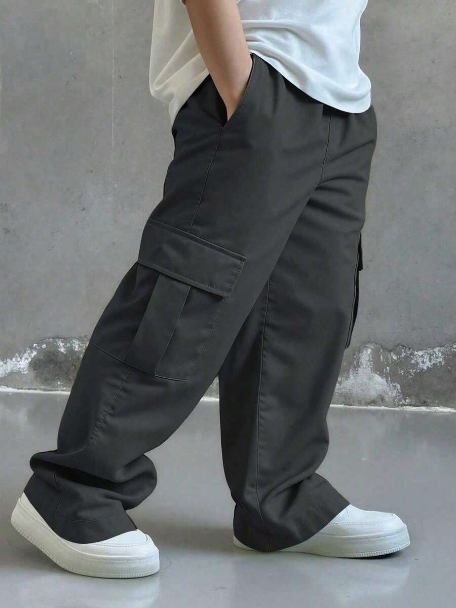 1件装 男童时尚百搭休闲舒适街头风通勤上学假期日常耐穿防污柔软多口袋直筒工装裤，春夏秋冬皆宜 - 灰色 - 查看 1