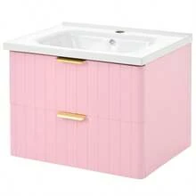Wall-Hung Single-Basin Vanity Unit With Sink, Double Storage, Moisture-Resistant MDF, Stain-Resistant Ceramic Sink, Lacquer-Free Melamine Surface, Space-Saving, In Pink - Pink - View 9