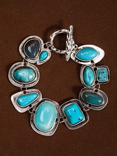 1pc New ZA Bohemian Vintage Bracelet, Women's Fashion Gold Metal Hollow Chain Pendant Resin Personalized Bracelet (Resin Color Random)