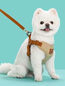 Bộ dây dắt thú cưng bằng polyester thoáng khí và thoải mái với họa tiết gấu bông dễ thương, thích hợp cho việc dắt chó nhỏ đi dạo ngoài trời, có thể dùng kèm với vòng cổ cho chó. - Màu Khaki - Xem 6