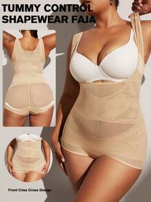 1pc Plus Size Women Breathable Mesh Waist Cincher Bodysuit, Body Shaper - Apricot - View 5