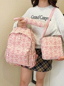 3件套尼龙蝴蝶结印花背包，可折叠多口袋大容量防水拉链背包，适合青少年、高中生、大学生、女生日常使用、通勤、旅行，情人节礼物