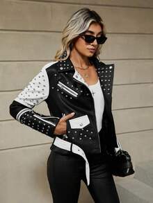 Women's Autumn/Winter Faux Leather Biker Jacket - Rhinestone Embellished, Asymmetric Zipper Design, Adds Fashionable Touch To Street Style In Cold Season - Đen và trắng - Xem 6