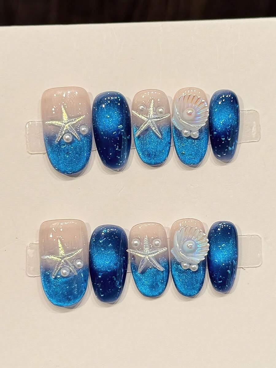 10片海洋蓝海星贝壳珍珠亚克力美甲贴纸，蓝色猫眼法式假指甲，短椭圆法式甲片，DIY美甲用品，可重复使用，包含果冻胶和指甲锉，适合日常佩戴、情人节美甲、Y2K音乐节派对 - 寶藍色 - 查看 1