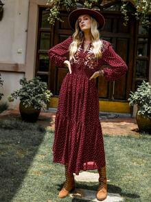 Rusttydustty 波西米亚风黑色雪纺波点刺绣V领系带优雅女士长裙，适合海滩度假、音乐节等春季穿着 - 酒紅色 - 查看 2
