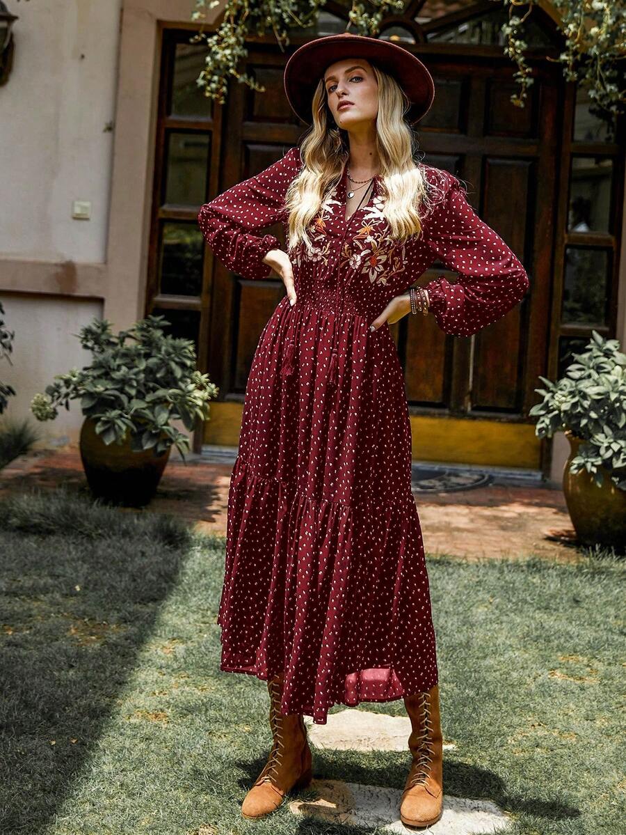 Rusttydustty 波西米亚风黑色雪纺波点刺绣V领系带优雅女士长裙，适合海滩度假、音乐节等春季穿着