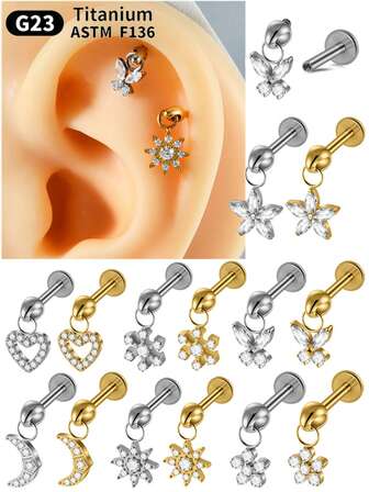 1件 G23 钛金属马眼形锆石吊坠唇环，心形/花朵造型，内螺纹，适用于耳软骨、耳屏、耳廓、耳廓内侧等部位，16G