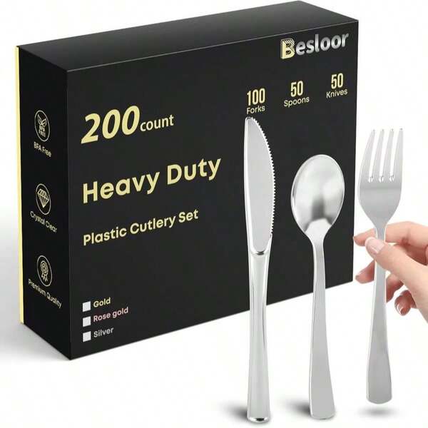 200 Plastic Silverware Set - Disposable Cutlery Set - Plastic Flatware Set - 100 Forks - 50 Spoons - 50 Knives - Party Bulk - Great For Large Gatherings (Silver)
