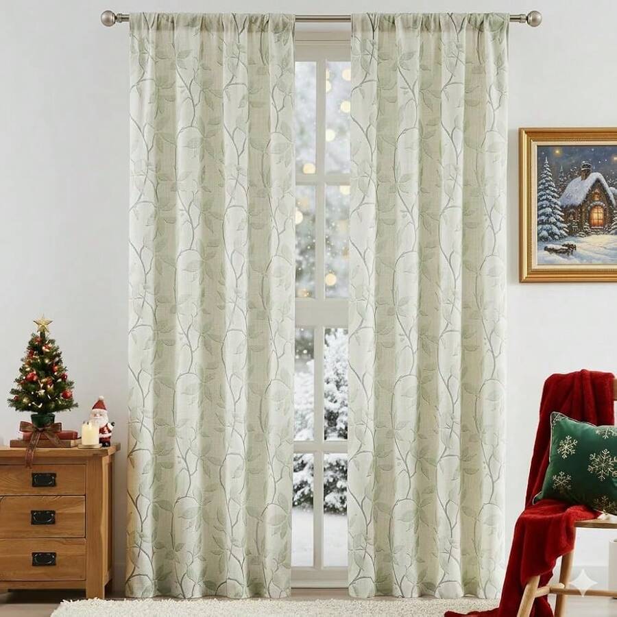 ZJDECOR Semi Sheer Curtains 95 Inches Length,Farmhouse Printed Green Leaves Grey Branches On Linen Blended Drapes,Rod Pocket Back Tab Window Treatment With Tape For Bedroom Living Room,38\ Wx95 Lx2,38inchWx95inchL(Packof2),GreenLeaf/GreyBranch - 綠葉/灰枝 - 查看 1