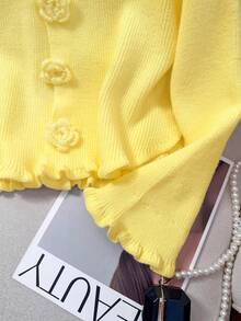 JIANHU Spring New Flower Button Frayed Knit Cardigan Women Loose Sweet Elegant Coat Versatile Long Sleeve Sweater - Yellow - View 8