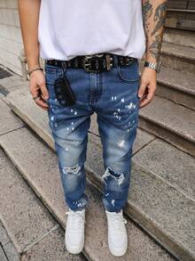 Men's Distressed Slim Fit Washed Denim Jeans, With Ripped Patches & Splatter Design, Grunge Rock Street Style Blue Jeans, Fashionable Daily Wear - Blue - View 7