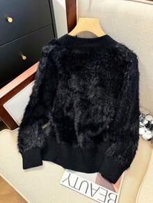 Stylish Fur Trim Rhinestone Embellished Cardigan, Suitable For Autumn/Winter Black - Black - View 6