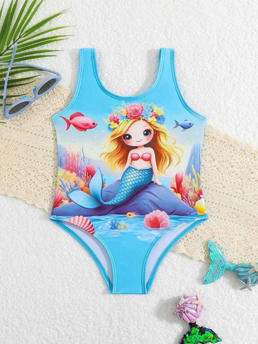 小女孩卡通美人鱼印花吊带连体泳衣 - 藍色 - 查看 1