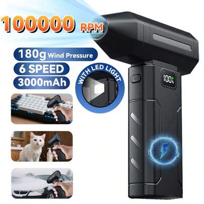 Bärbar höghastighetsturbinfläkt, handhållen mini-personlig kylfläkt, 100 000 varv/min borstlös motor, superkraftfull elektrisk fläkt, 6-växlad justering, uppladdningsbart batteri, trådlös jet-torktumlare, lämplig för rengöring av bilsäten/avisning, datorlådor/tangentbord, elektronik, soffor/fönsterglipor, perfekt för utomhuscamping/hemmabruk/bilbruk