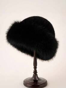 1pc Women's Luxury Fluffy Hat, Large, Thick Fluffy Trim, Warm Ear Cover, Versatile Winter Accessory, Elegant Holiday Gift Winter Outfits - Black - View 3