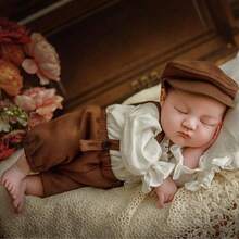 Zestaw 3 strojów do fotografii noworodkowej – czapka, koszula, ogrodniczki, ubranka na sesję zdjęciową, akcesoria do baby shower, prezenty wielkanocne, rzeczy dla dziewczynek/chłopców