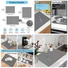 - Tapete de secado de platos pequeos, 16x 12 pulgadas, antideslizante, absorbente de cocina, de secado rpido, para mquina de caf, protector de mostrador de cocina, alfombrillas para secar - 16"x12" + Gris claro - Ver 1