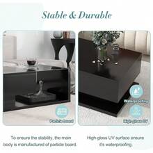 Tempered Glass Coffee Table, Wooden Cocktail Table With High-Gloss UV Surface, Modern 2-Tier Rectangle Center Table For Living Room, Black - 黑色 - 查看 5