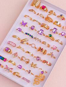 10枚/套 优雅时尚粉色水晶戒指，蝴蝶和心形，浪漫约会，情人节礼物，日常配饰