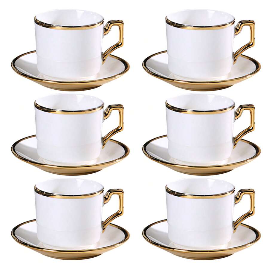 6-Piece European Coffee Cup And Saucer Set, (3 Oz/90ml), With Gold Decoration And Gift Box, Afternoon Tea Drink Cup, White Tea Cup Set, Porcelain Tea Set, The First Choice For Gifts For Dinner Parties And Holiday Events - 經典白 - 查看 1