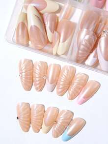 96片（4种混装）Y2K风格魔幻银色长杏仁3D凝胶美甲，打造法式美甲，闪亮水钻设计，完美贴合亚克力假指甲套装，包含1瓶果冻胶和1把指甲锉，适合夏季美甲和法式美甲，女性和女孩可DIY日常工作学习和派对美甲。 - 彩色 - 查看 3