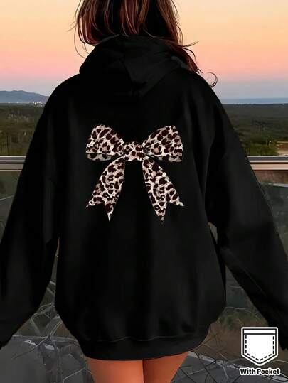 Women's Street Fashion Clothing, Leopard And Bowknot Design Printed Loose Long Sleeve Sweatshirt, Solid Color Sweatshirt For Plus Size Ladies, Suitable Daily Wear, Outing, Festivals, Beach, Party, Going To School, Attending Music Festivals, Vacation, Commuting. It Can Be A Gift For Family, Boyfriend, Girlfriend, Friends Girls' Winter Clothing, Essential Sweatshirt.