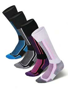 2 Pairs Winter Warm Ski Socks - Thick Breathable Striped Reinforced Support, Comfortable Snug Fit, Suitable For Skiing, Hiking, Outdoor Sports, Trekking, Daily Warmth (White/Purple/Black/Blue) - Multicolor - View 6