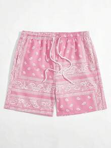 Men's Boho Paisley Print Drawstring Waist Summer Shorts With Pocket - Pink Paisley - View 2