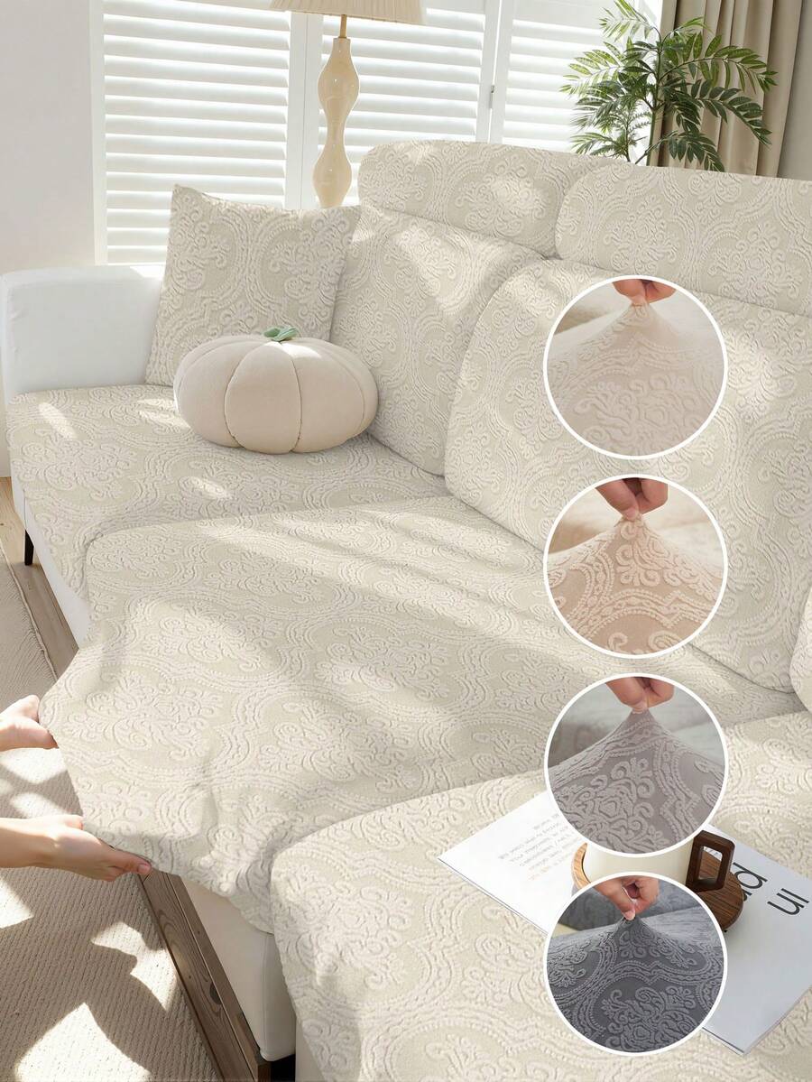 Jacquard Weave Slipcover Stretch Material Sofa Seater Cushion Cover Solid Color Sofa Cover - Beige - View 1