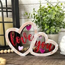 1 đồ trang trí bàn gỗ ngày lễ tình nhân, đồ trang trí để bàn, đồ trang trí ngày lễ tình nhân hình trái tim đôi, đồ trang trí bàn gỗ cho đám cưới, biển hiệu kỷ niệm theo phong cách trang trại, thích hợp cho tiệc tùng ngày lễ và trang trí bàn tại nhà - Nhiều màu - Xem 1