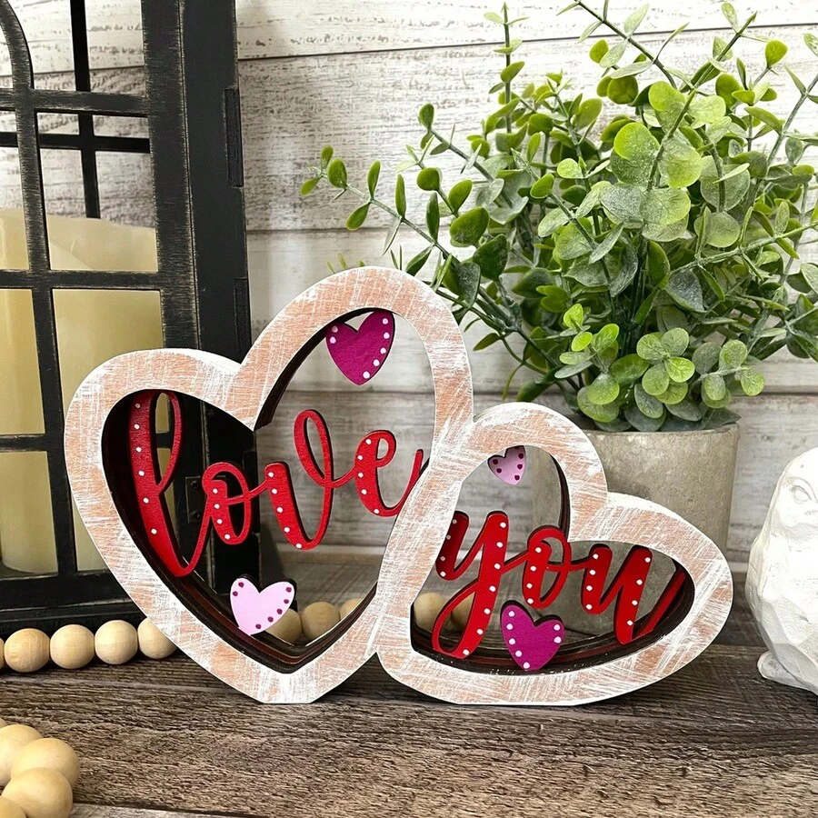 1 đồ trang trí bàn gỗ ngày lễ tình nhân, đồ trang trí để bàn, đồ trang trí ngày lễ tình nhân hình trái tim đôi, đồ trang trí bàn gỗ cho đám cưới, biển hiệu kỷ niệm theo phong cách trang trại, thích hợp cho tiệc tùng ngày lễ và trang trí bàn tại nhà - Nhiều màu - Xem 1