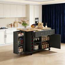 Îlot mobile de cuisine blanc multifonction – Avec plan de travail rabattable pour gain de place, 5 roues avec système de freinage, et rangements intégrés pratiques (porte, niches pour bouteilles et verres) – Dimensions : 120 x 45(70) x 89 cm - Noir + MDF + Européen - Voir 1