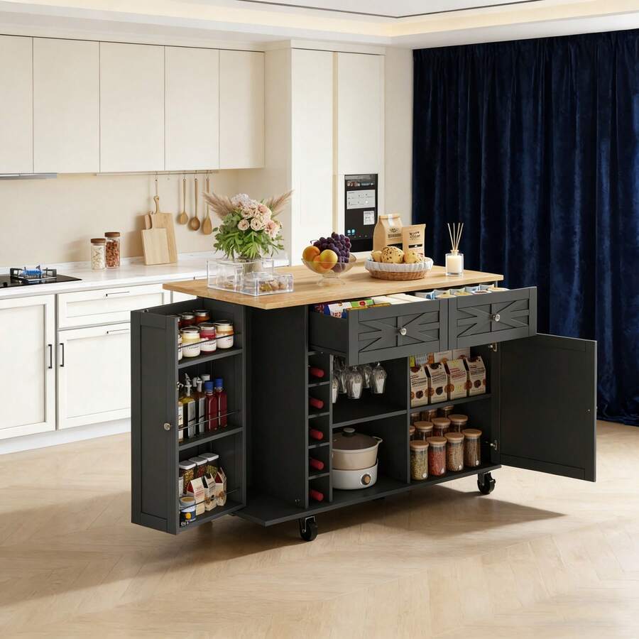 Îlot mobile de cuisine blanc multifonction – Avec plan de travail rabattable pour gain de place, 5 roues avec système de freinage, et rangements intégrés pratiques (porte, niches pour bouteilles et verres) – Dimensions : 120 x 45(70) x 89 cm - Noir + MDF + Européen - Voir 1