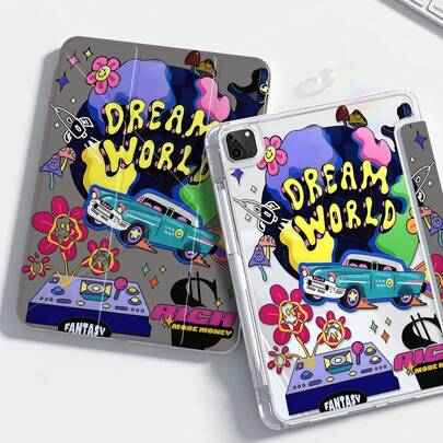 这款精美可爱的卡通动画涂鸦汽车双面彩色亚克力透明水晶后盖，图案包括笑脸、爱心、字母和花朵，防震耐用，适用于iPad第7、8（10.2英寸）和第10代。它内置笔槽，支持睡眠/唤醒功能和多种折叠支架模式。是万圣节和新年礼物的理想之选。