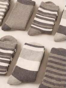 5双装咖啡色条纹撞色休闲中筒袜，女士款，秋冬季 - 彩色 - 查看 2
