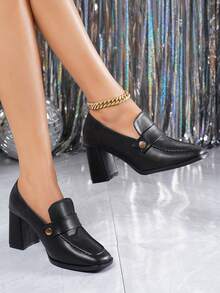 2026春秋新款黑色时尚高跟鞋，英伦风方头粗跟乐福鞋 - 黑色 - 查看 10